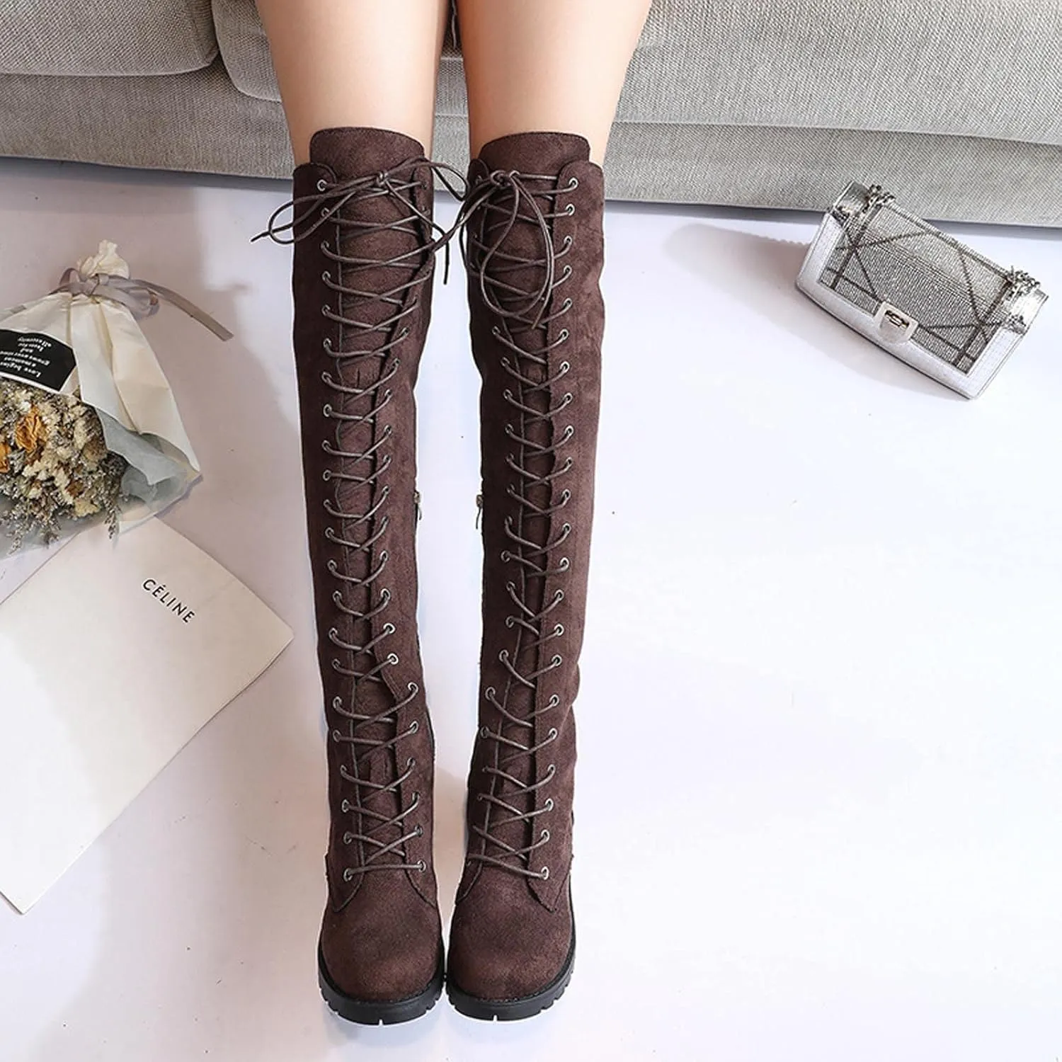 hlysgo Womens Lacing Up Over The Knee Fashion Winter Wide Calf Sexy Thigh High Stretch Long Boots