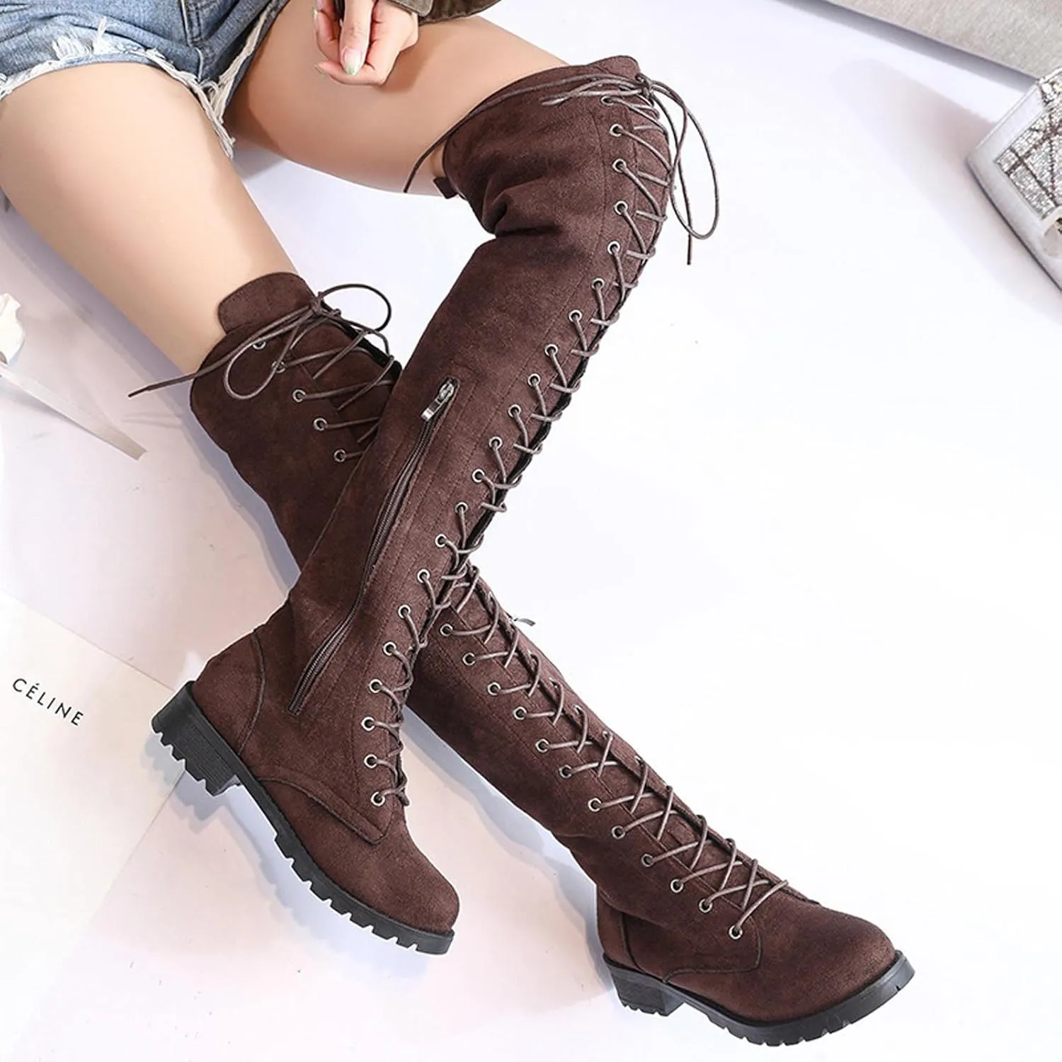hlysgo Womens Lacing Up Over The Knee Fashion Winter Wide Calf Sexy Thigh High Stretch Long Boots