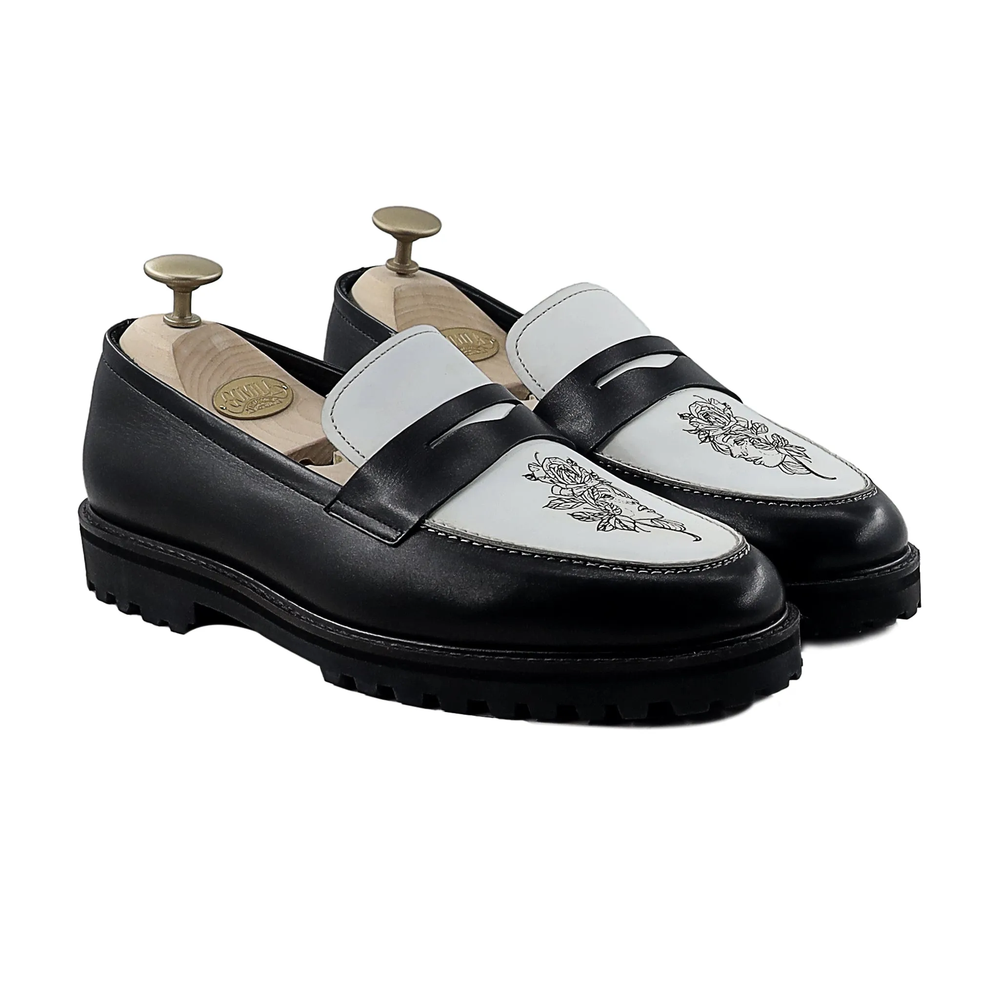 Hobart - Men's Black and White Calf Leather Loafer (Flower dition)