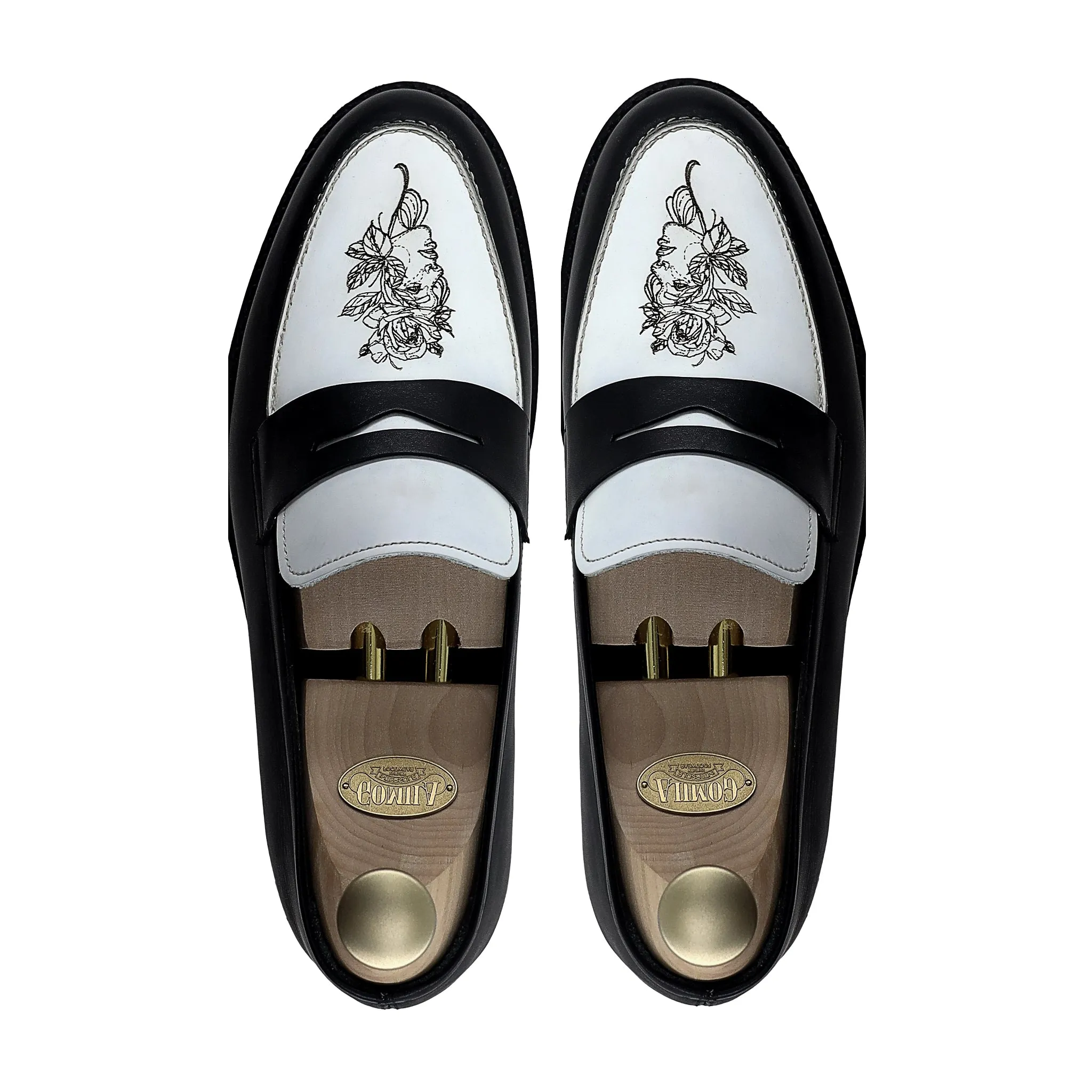 Hobart - Men's Black and White Calf Leather Loafer (Flower dition)