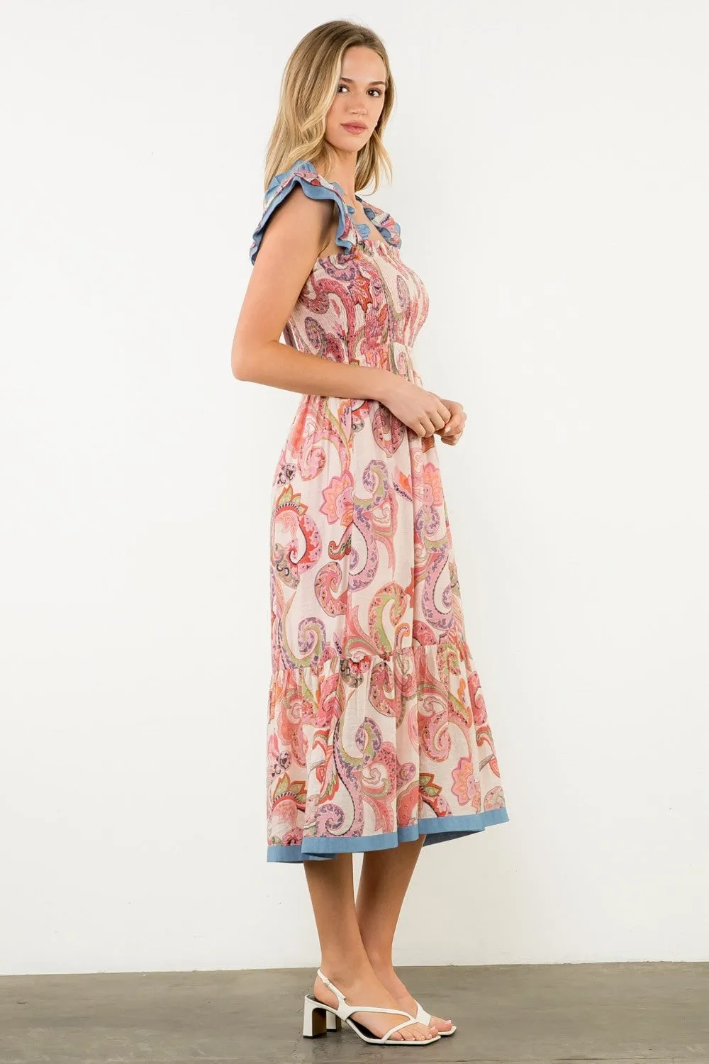 ISLAND BREEZE FLUTTER SLEEVE PRINT MIDI DRESS