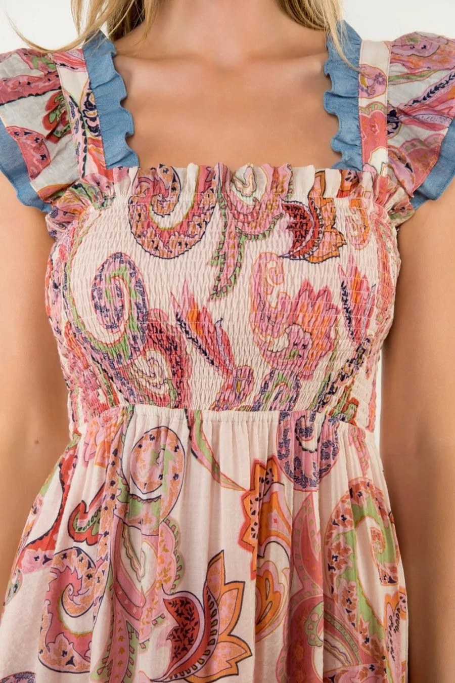 ISLAND BREEZE FLUTTER SLEEVE PRINT MIDI DRESS