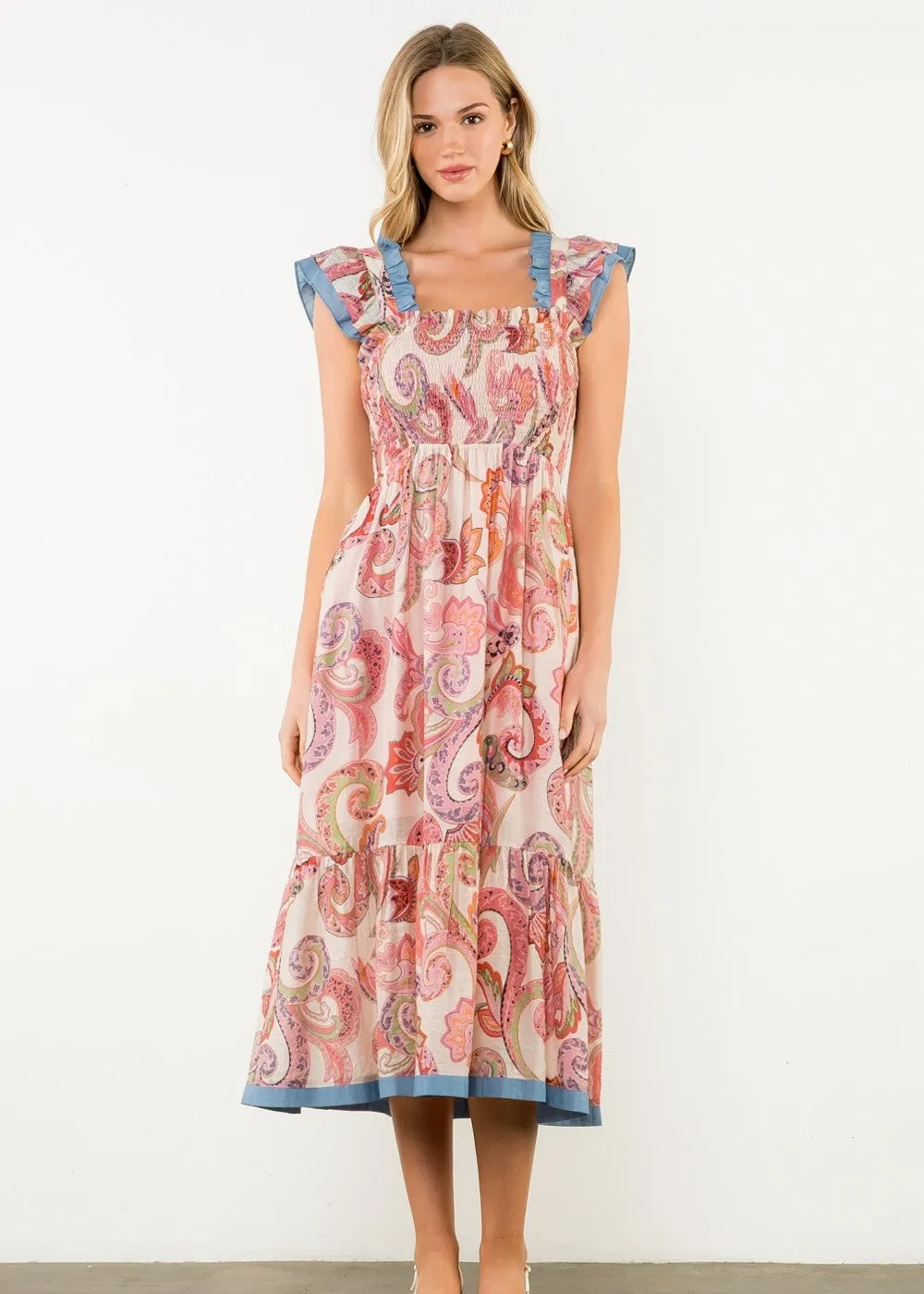 ISLAND BREEZE FLUTTER SLEEVE PRINT MIDI DRESS
