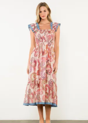 ISLAND BREEZE FLUTTER SLEEVE PRINT MIDI DRESS
