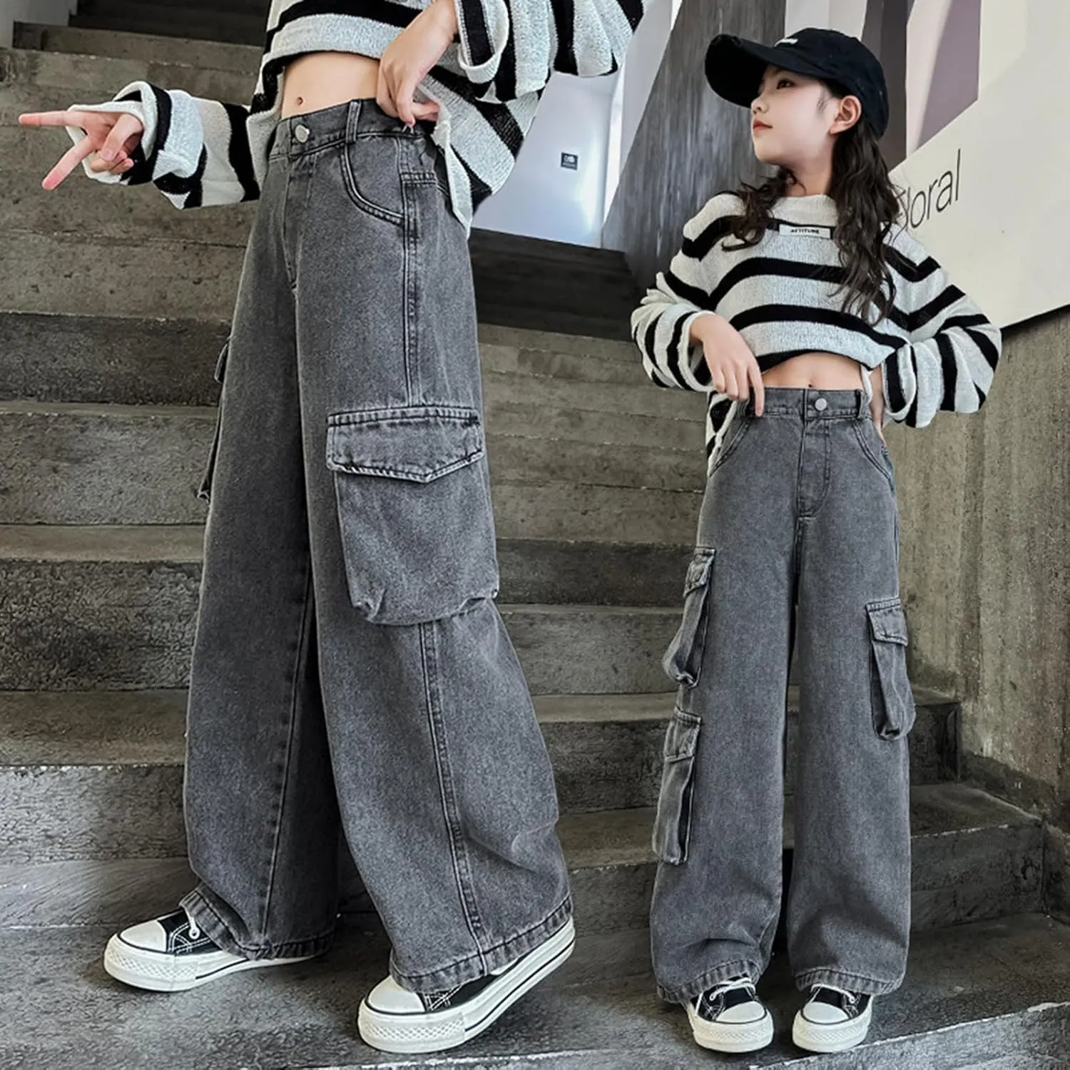 Kids Girls Denim Cargo Pants Wide Leg Loose Casual Jeans Joggers Sweatpants Multiple Pockets Leisure