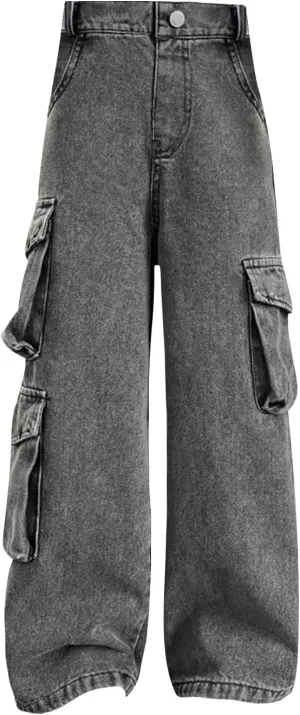 Kids Girls Denim Cargo Pants Wide Leg Loose Casual Jeans Joggers Sweatpants Multiple Pockets Leisure