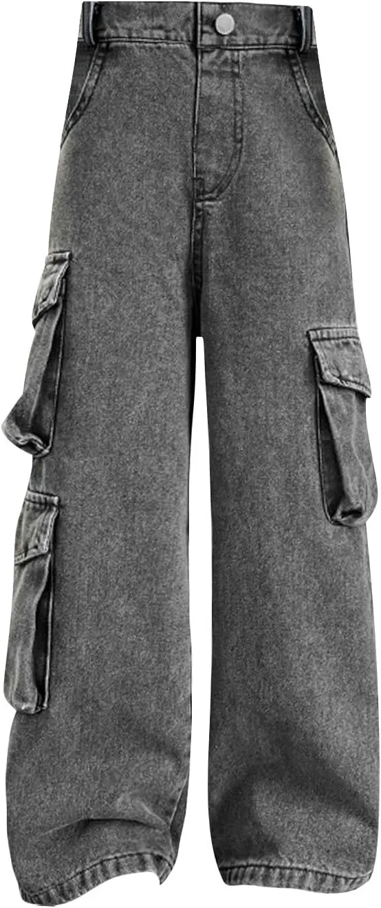 Kids Girls Denim Cargo Pants Wide Leg Loose Casual Jeans Joggers Sweatpants Multiple Pockets Leisure