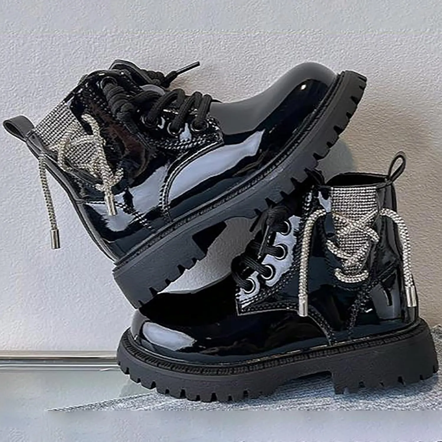 Kids Girls Glitter Ankle Boots Girls Side Zipper Fashion Combat Boots Lace Up Leather Short Boots for Little Kids/Big Kids