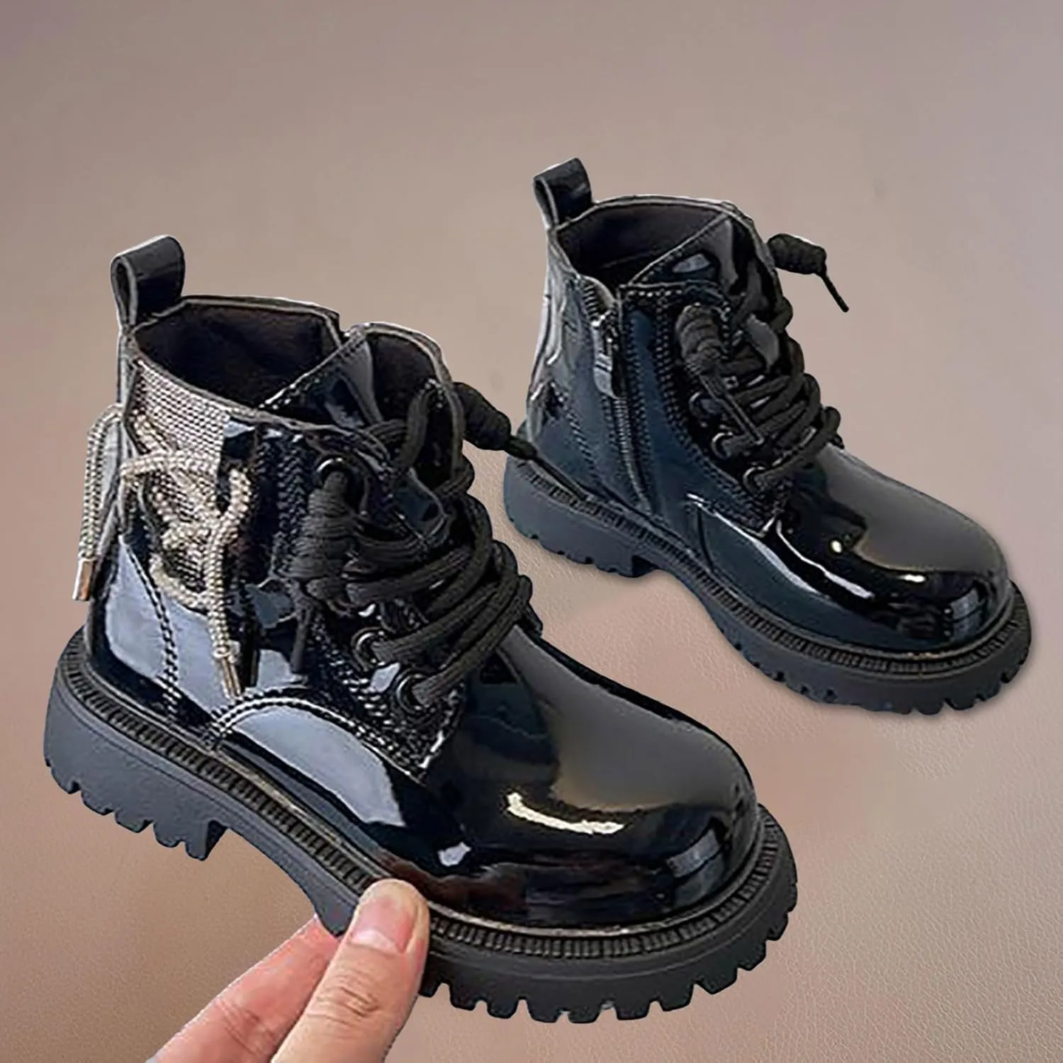 Kids Girls Glitter Ankle Boots Girls Side Zipper Fashion Combat Boots Lace Up Leather Short Boots for Little Kids/Big Kids