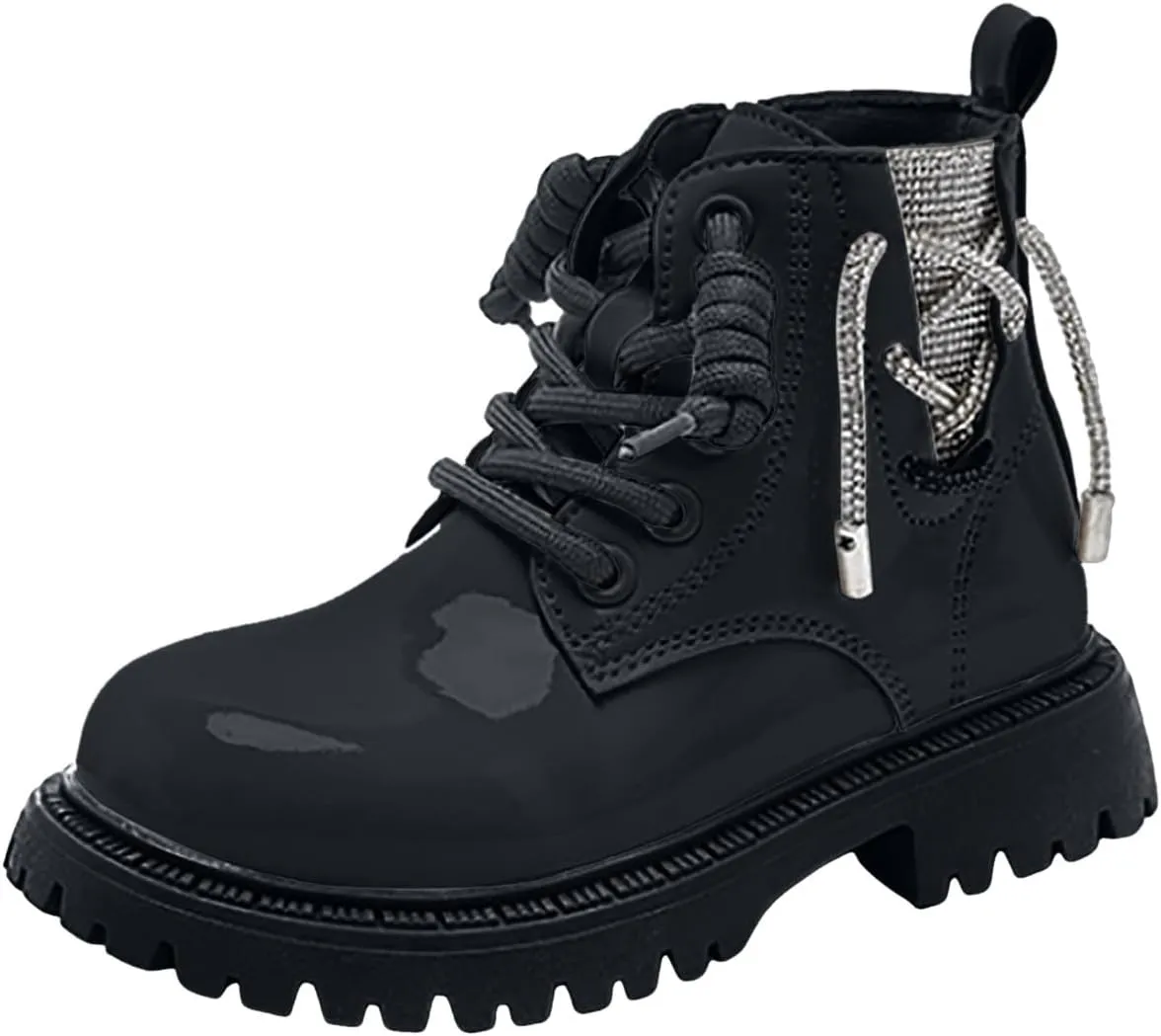 Kids Girls Glitter Ankle Boots Girls Side Zipper Fashion Combat Boots Lace Up Leather Short Boots for Little Kids/Big Kids