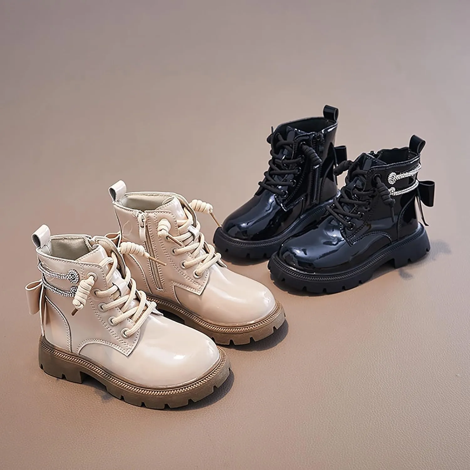 Kids Girls Glitter Ankle Boots Side Zipper Fashion Combat Boots Lace Up Soft Soled Riding Boots Fall Winter Trendy Boots