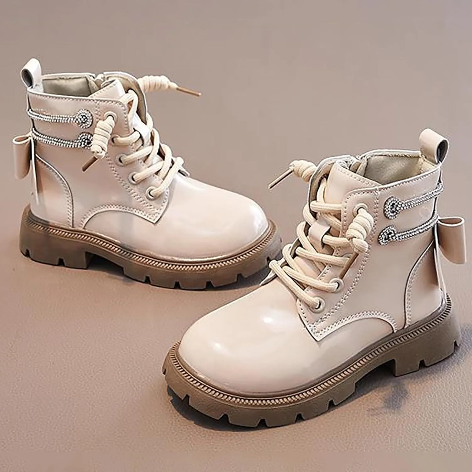 Kids Girls Glitter Ankle Boots Side Zipper Fashion Combat Boots Lace Up Soft Soled Riding Boots Fall Winter Trendy Boots
