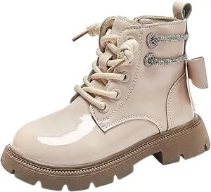 Kids Girls Glitter Ankle Boots Side Zipper Fashion Combat Boots Lace Up Soft Soled Riding Boots Fall Winter Trendy Boots