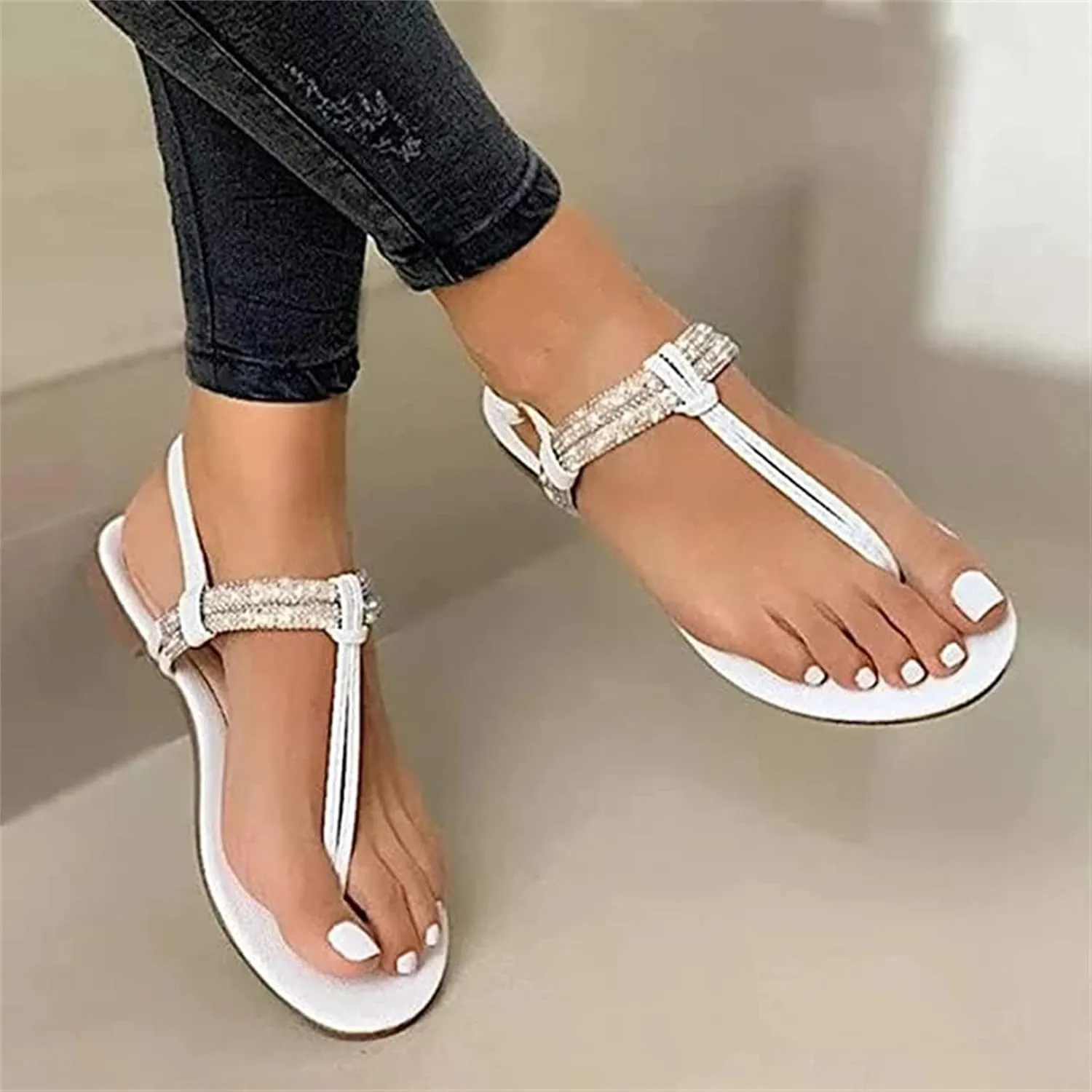 Ladmiple Sandals for Women Dressy,Womens Summer Crystal Flip Flops Gladiator Strappy Sandal Casual Roman Beach Flat Shoe