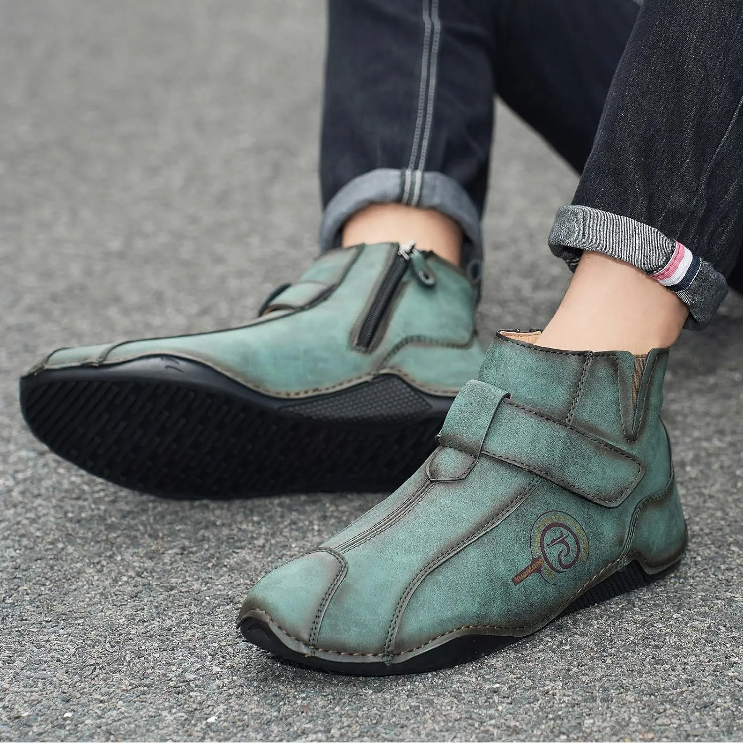 Lossarye Men's Italian Handmade Waterproof Leather Chukka Ankle Boots Side Zipper Fur Lined Comfortable Non-Slip High Boots Outdoor Lightweight Breathable Sneakers for Walking Hiking Driving