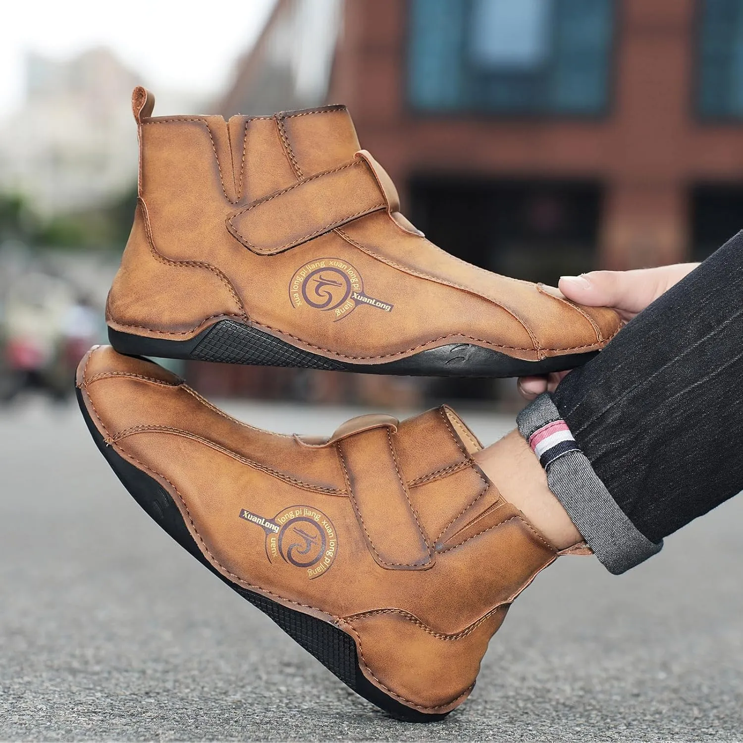 Lossarye Men's Italian Handmade Waterproof Leather Chukka Ankle Boots Side Zipper Fur Lined Comfortable Non-Slip High Boots Outdoor Lightweight Breathable Sneakers for Walking Hiking Driving