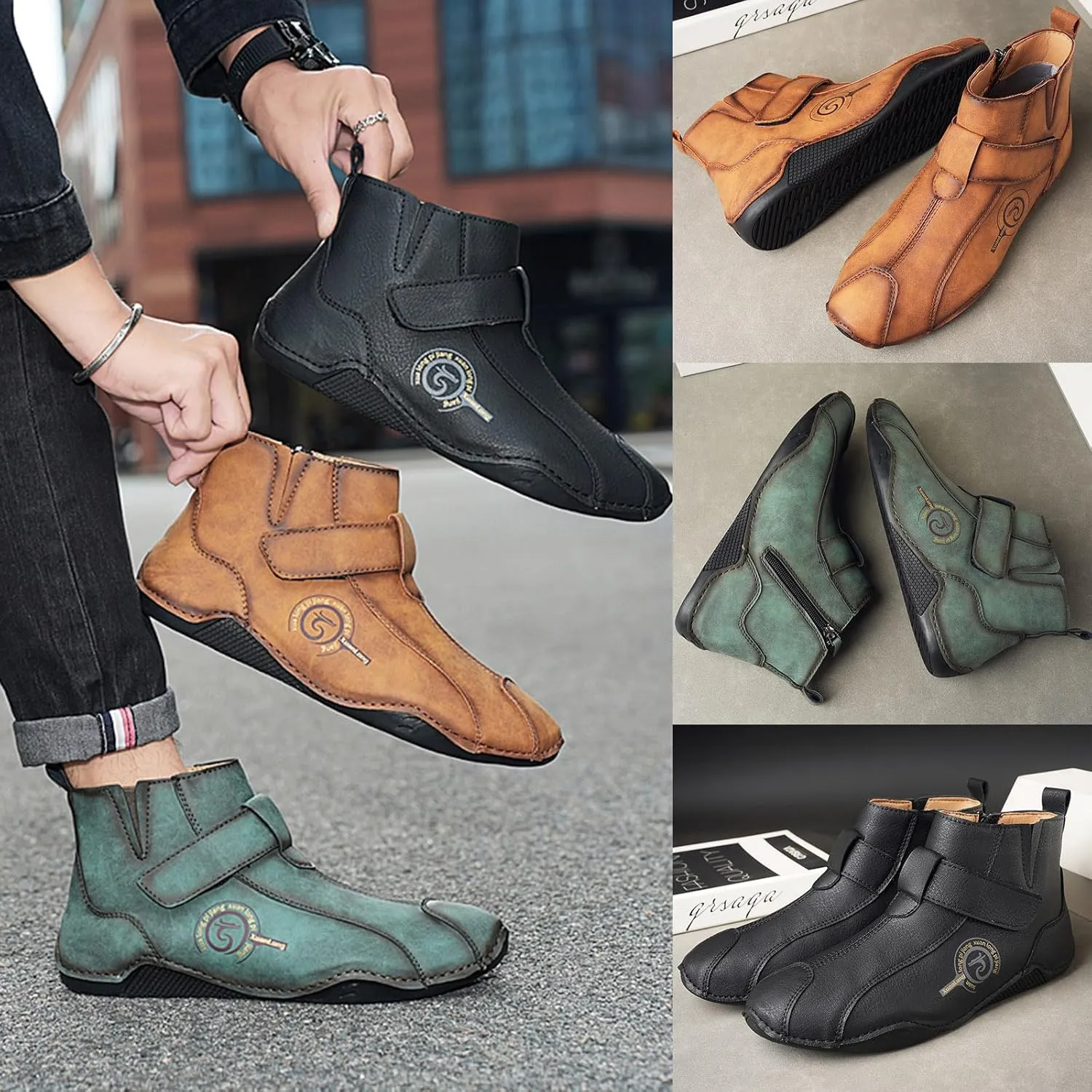 Lossarye Men's Italian Handmade Waterproof Leather Chukka Ankle Boots Side Zipper Fur Lined Comfortable Non-Slip High Boots Outdoor Lightweight Breathable Sneakers for Walking Hiking Driving