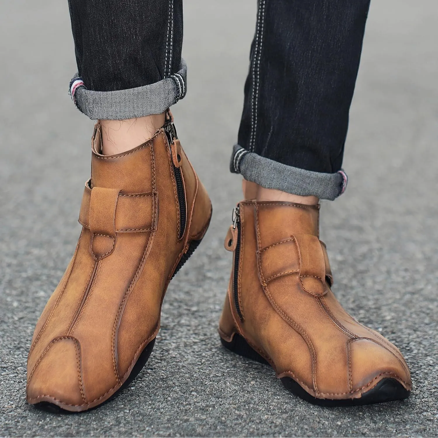 Lossarye Men's Italian Handmade Waterproof Leather Chukka Ankle Boots Side Zipper Fur Lined Comfortable Non-Slip High Boots Outdoor Lightweight Breathable Sneakers for Walking Hiking Driving