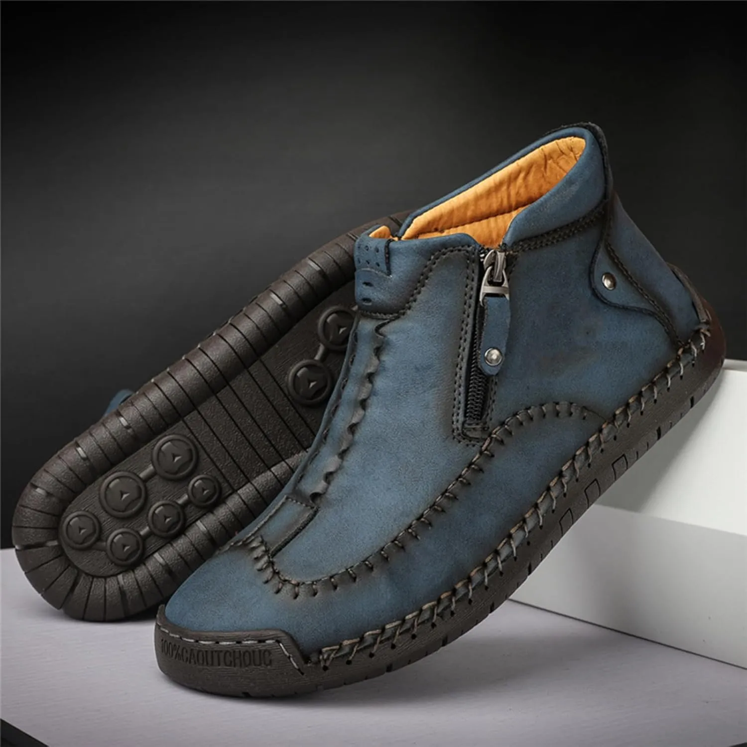 Men's Causal Ankle Chukka Boots Handmade Fur Lined Round Toe Zipper Mid top Non Slip Hiking Ankle Booties Outdoor High Top Driving Walking Shoes