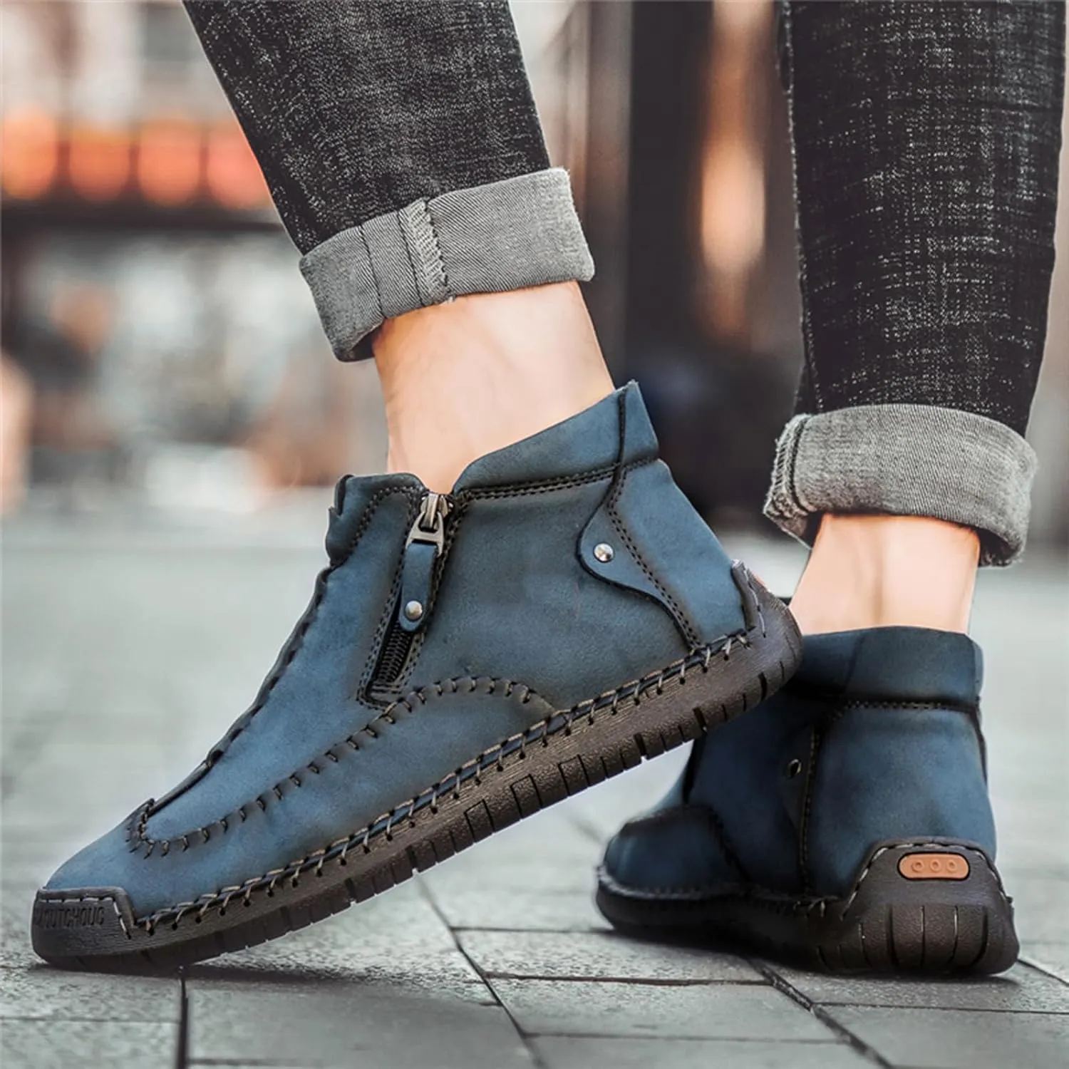 Men's Causal Ankle Chukka Boots Handmade Fur Lined Round Toe Zipper Mid top Non Slip Hiking Ankle Booties Outdoor High Top Driving Walking Shoes