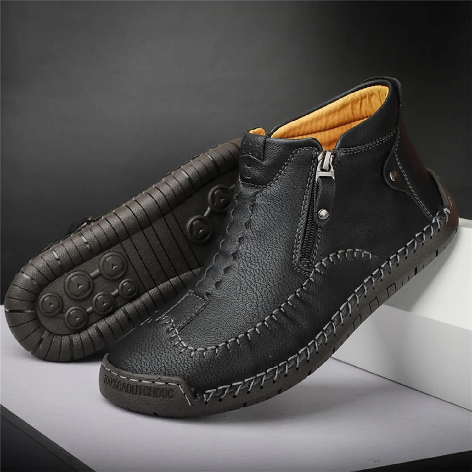 Men's Causal Ankle Chukka Boots Handmade Fur Lined Round Toe Zipper Mid top Non Slip Hiking Ankle Booties Outdoor High Top Driving Walking Shoes
