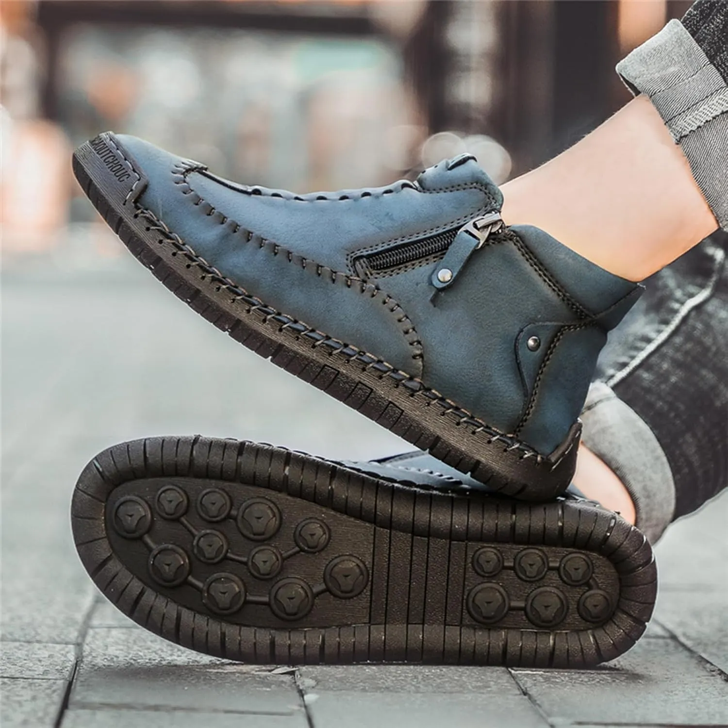 Men's Causal Ankle Chukka Boots Handmade Fur Lined Round Toe Zipper Mid top Non Slip Hiking Ankle Booties Outdoor High Top Driving Walking Shoes
