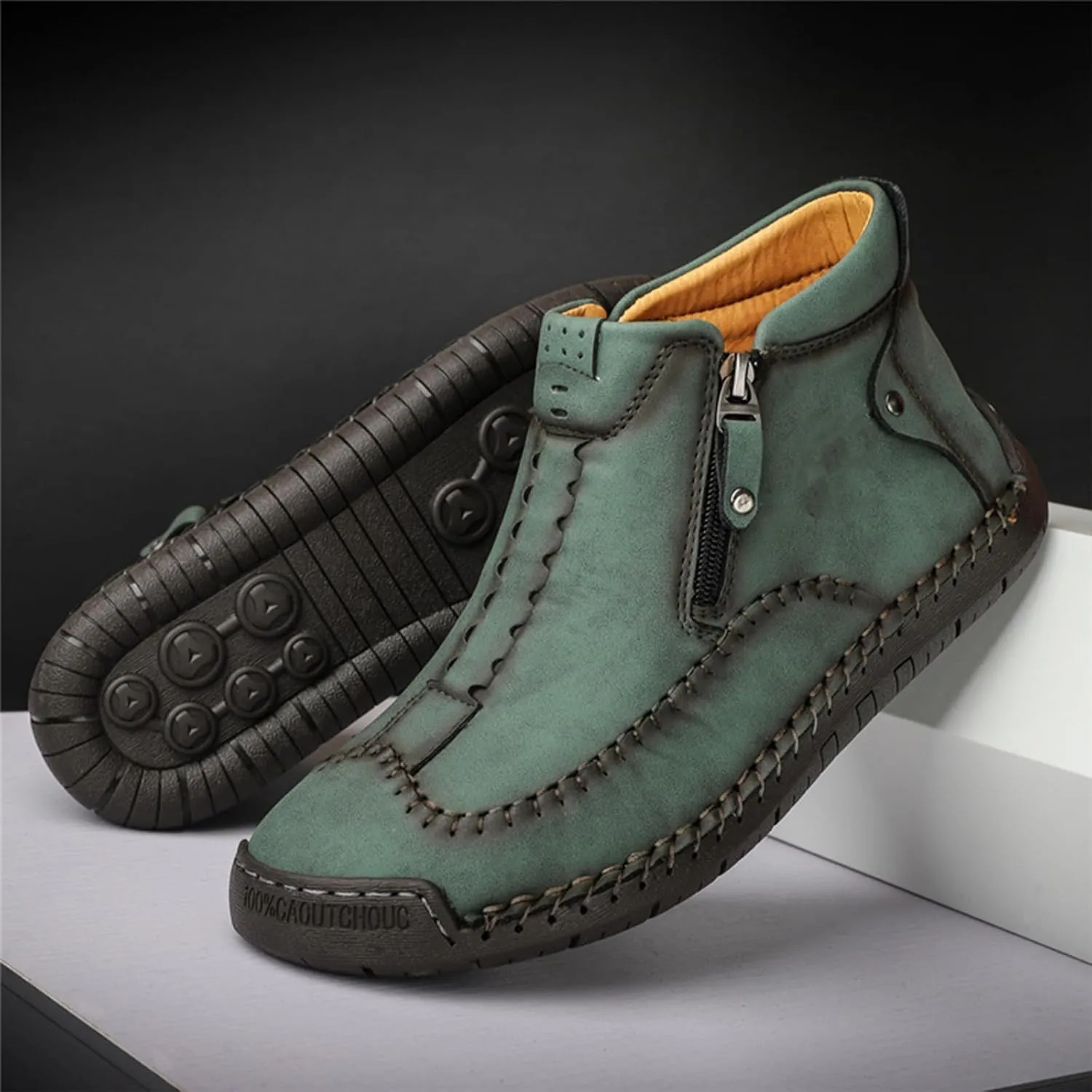 Men's Causal Ankle Chukka Boots Handmade Fur Lined Round Toe Zipper Mid top Non Slip Hiking Ankle Booties Outdoor High Top Driving Walking Shoes