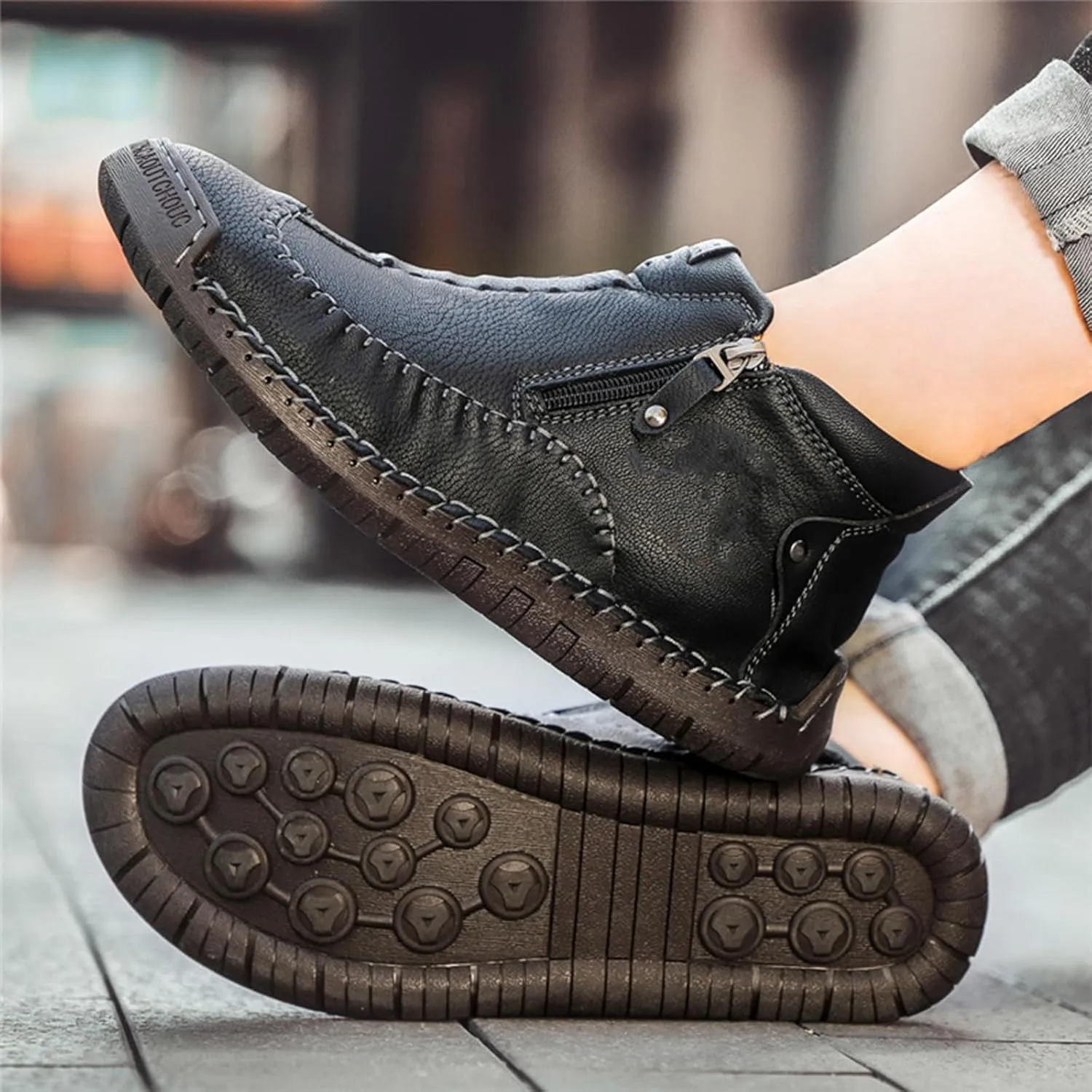 Men's Causal Ankle Chukka Boots Handmade Fur Lined Round Toe Zipper Mid top Non Slip Hiking Ankle Booties Outdoor High Top Driving Walking Shoes