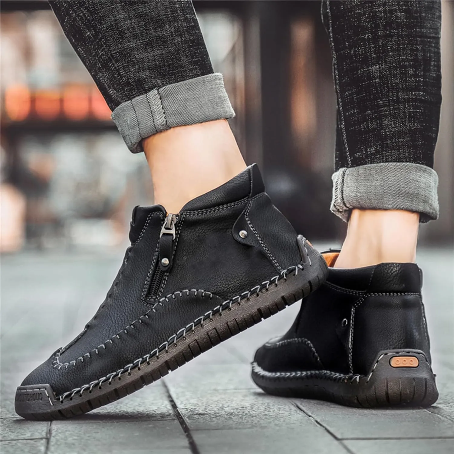Men's Causal Ankle Chukka Boots Handmade Fur Lined Round Toe Zipper Mid top Non Slip Hiking Ankle Booties Outdoor High Top Driving Walking Shoes