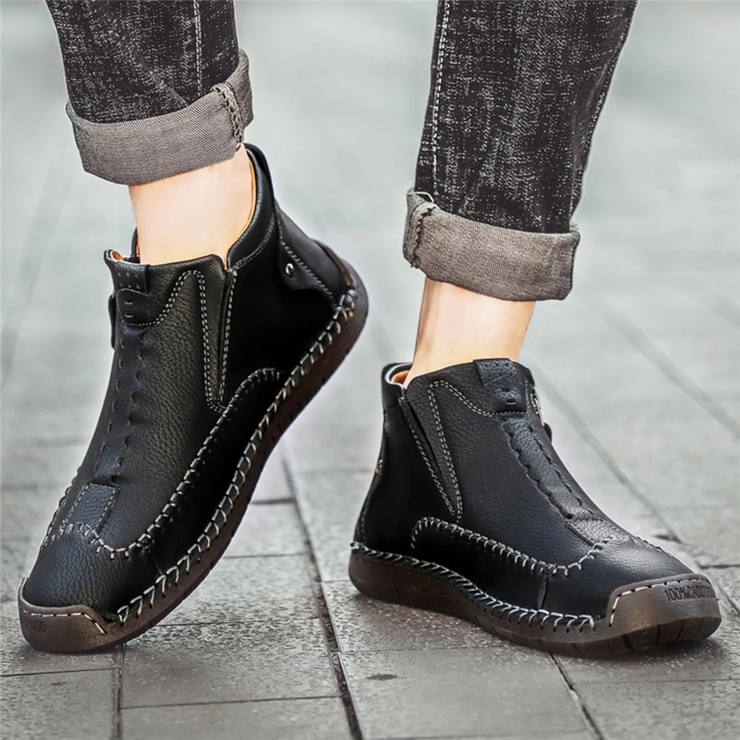 Men's Causal Ankle Chukka Boots Handmade Fur Lined Round Toe Zipper Mid top Non Slip Hiking Ankle Booties Outdoor High Top Driving Walking Shoes