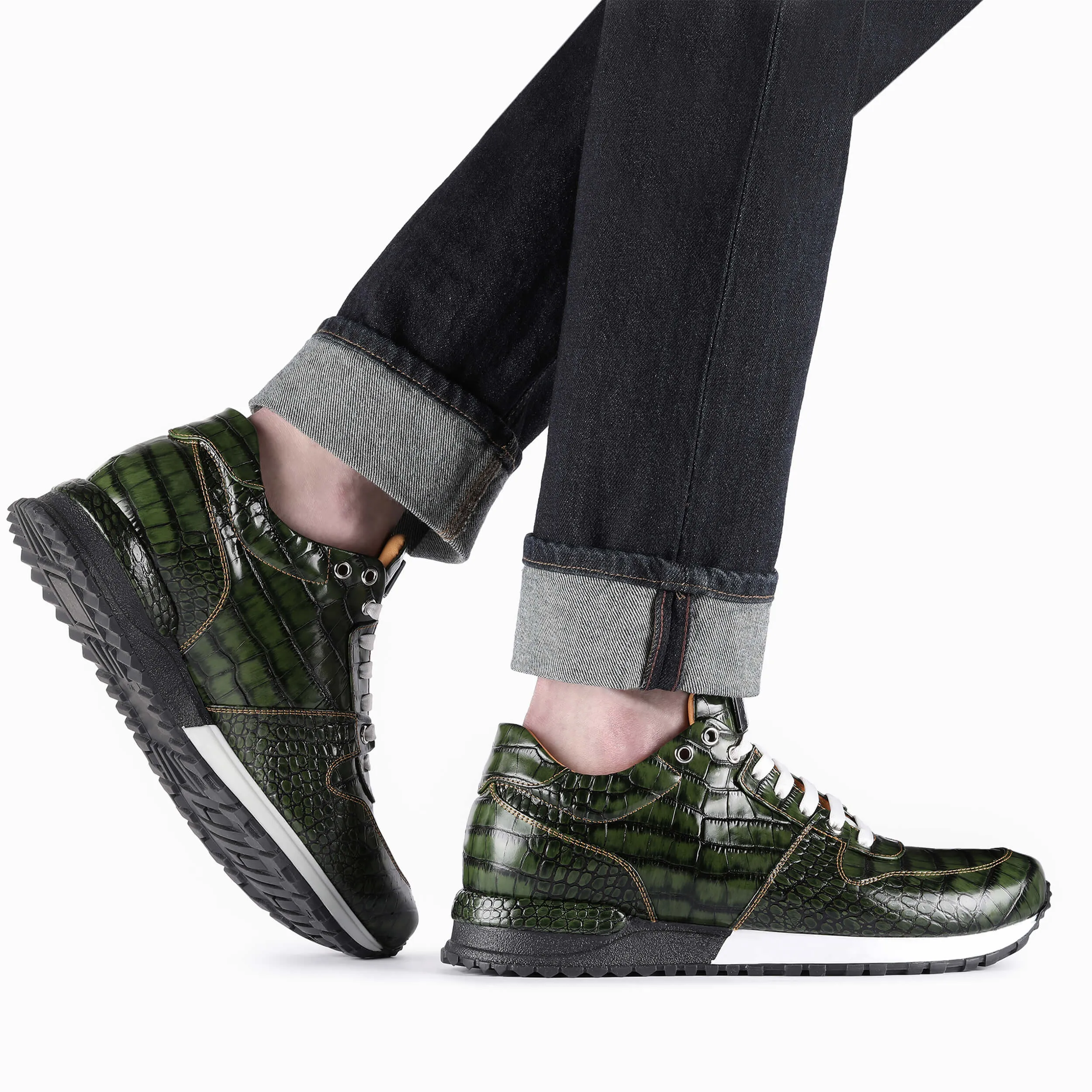 Men's Green Croc-Print Leather Sneaker