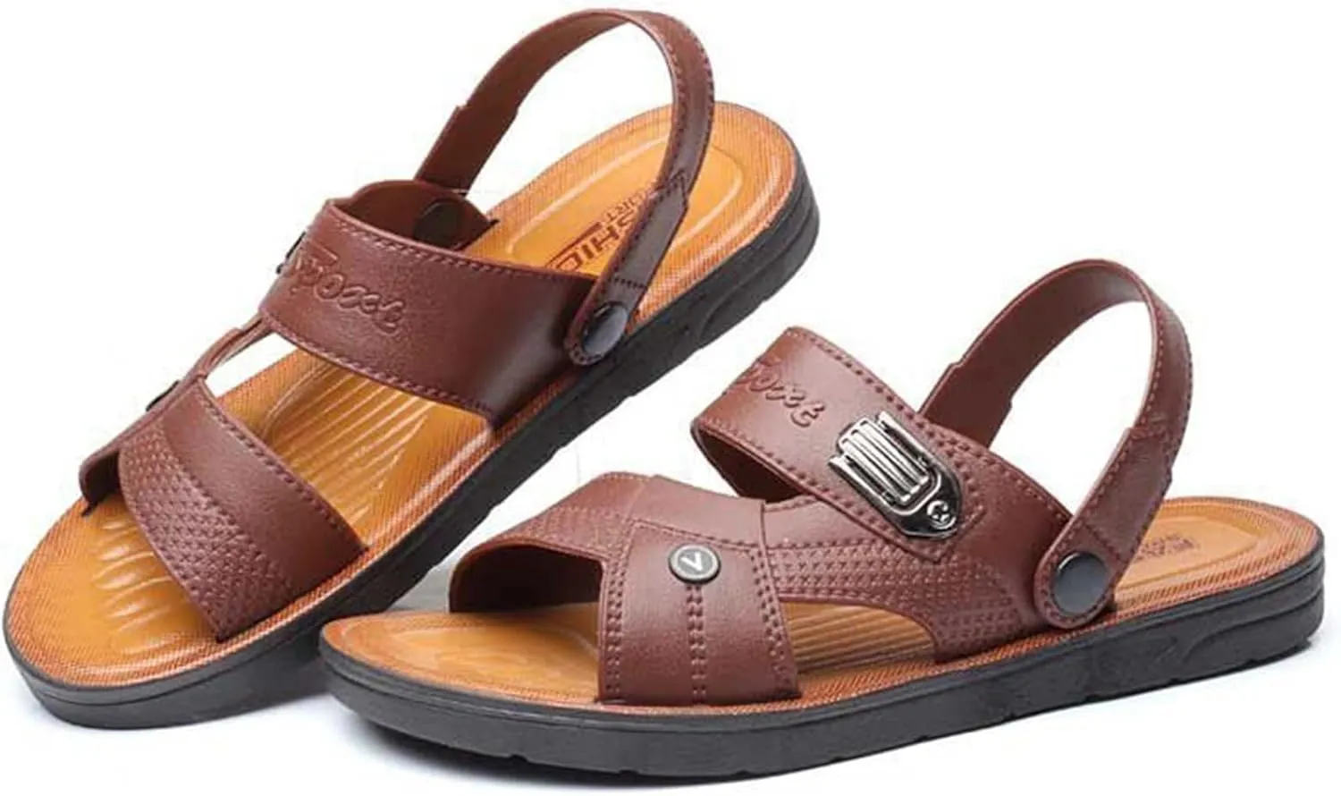 Men's Leather Sandals Open Toe Slip On Beach Slides Comfortable Soft Sole Walking Shoes Summer Wide Width Flat Sandals