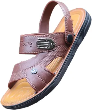 Men's Leather Sandals Open Toe Slip On Beach Slides Comfortable Soft Sole Walking Shoes Summer Wide Width Flat Sandals