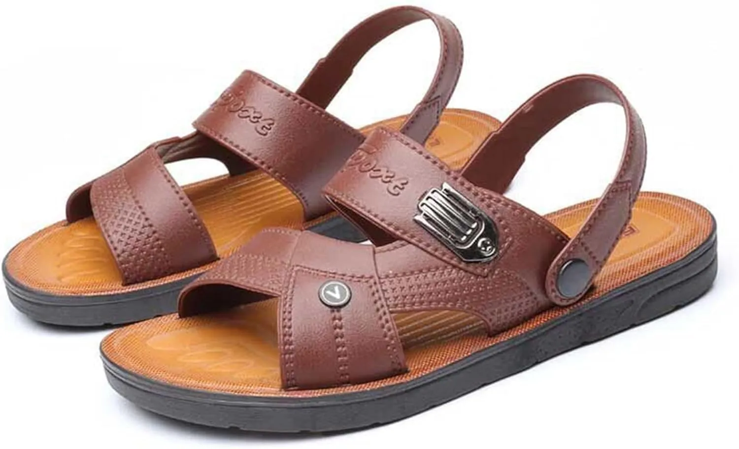 Men's Leather Sandals Open Toe Slip On Beach Slides Comfortable Soft Sole Walking Shoes Summer Wide Width Flat Sandals