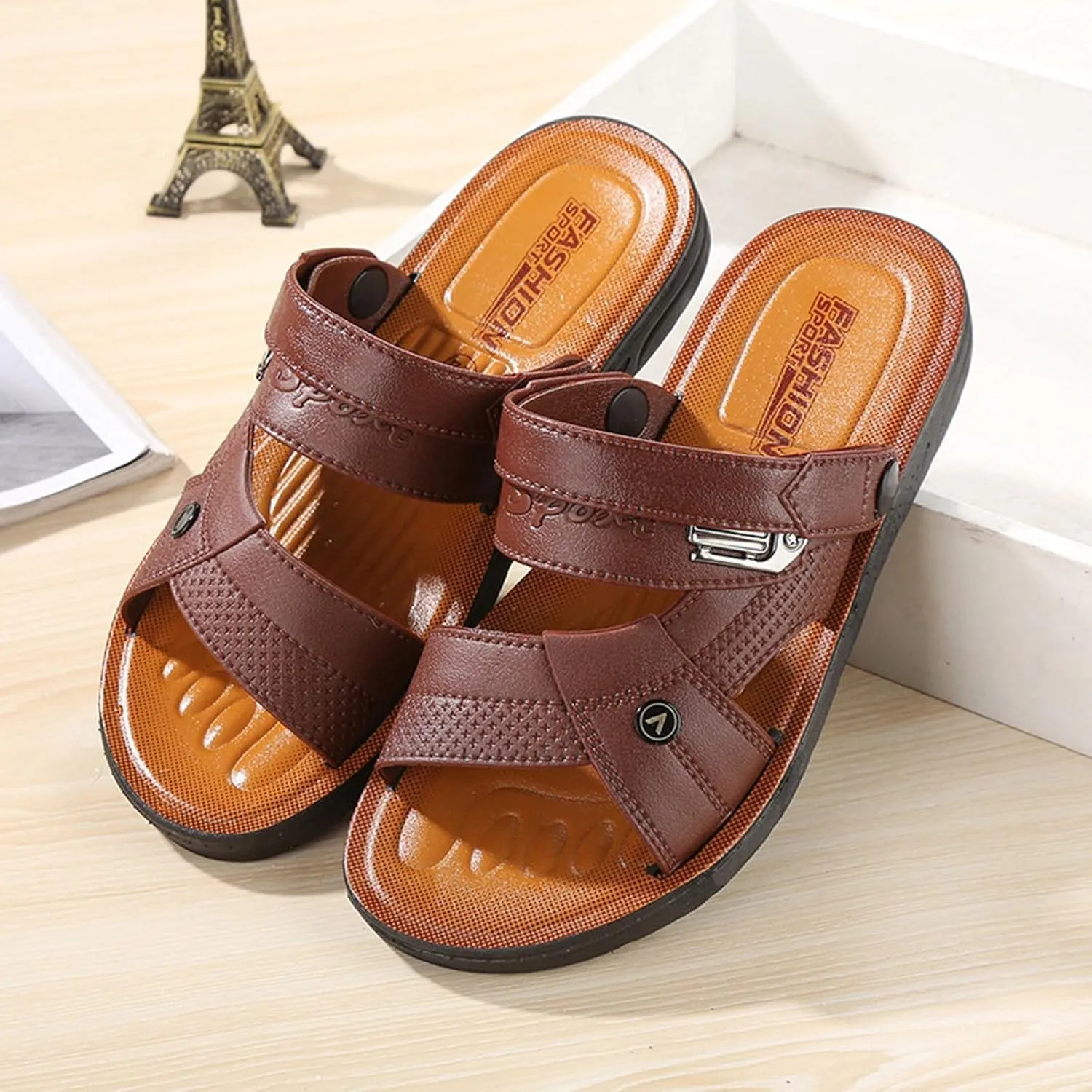 Men's Leather Sandals Open Toe Slip On Beach Slides Comfortable Soft Sole Walking Shoes Summer Wide Width Flat Sandals