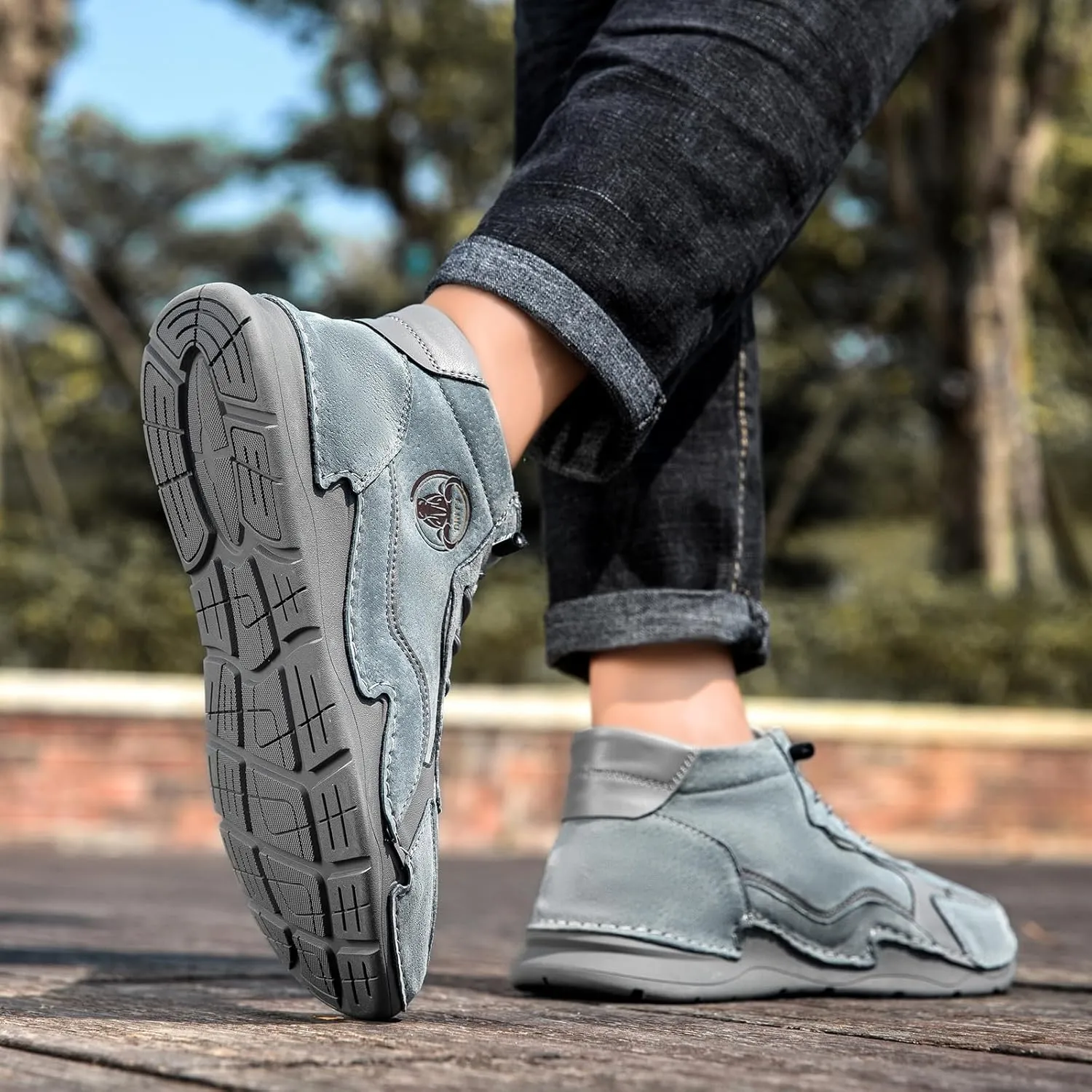 Men's Waterproof Suede Chukka Boots for Hiking Camping & Driving All Season Fashion Hand Stitched Round Toe Lace Up High Top Sneakers Comfort Casual Outdoor Walking Shoes