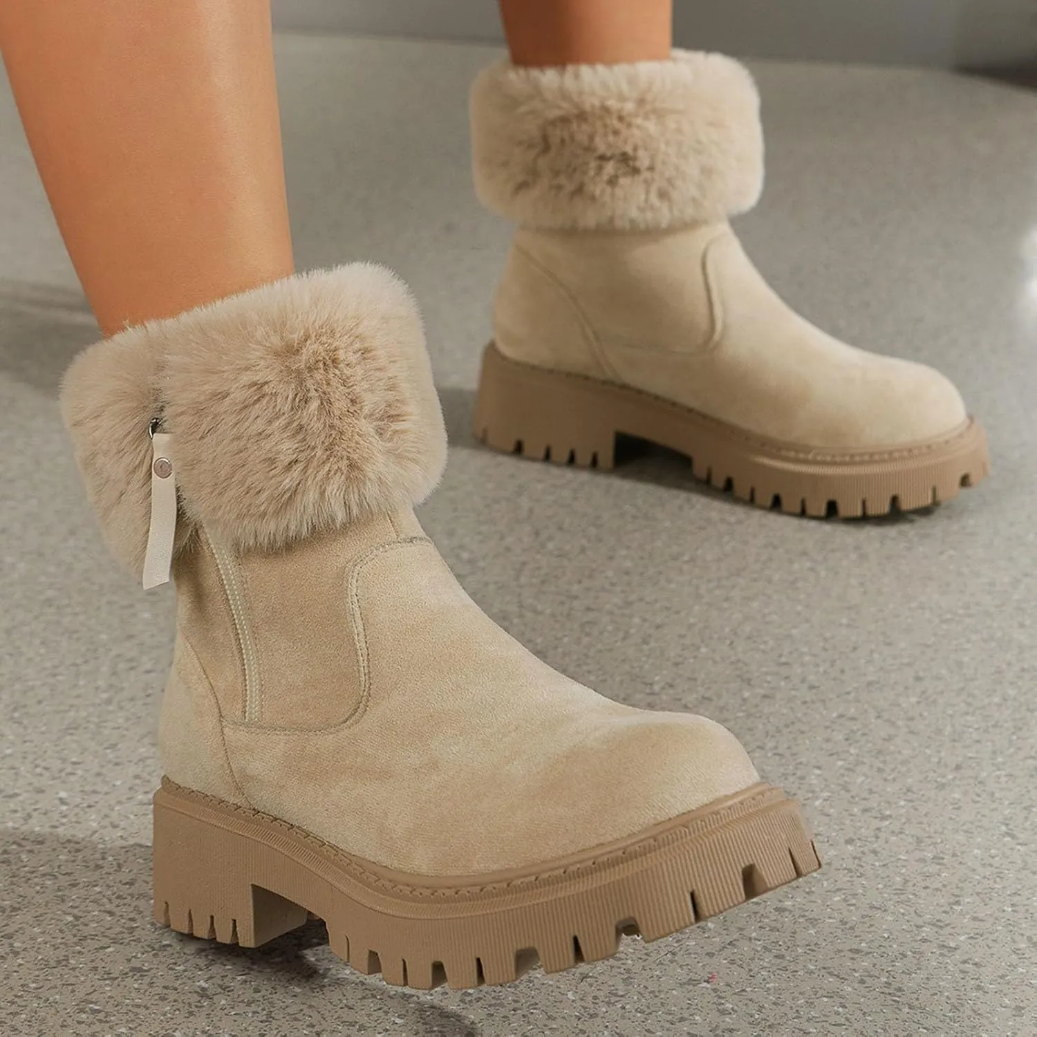 Mid Calf Boots for Women Ankle Boots for Women Flip Fur Round Toe Large Size Snow Boots Suede Low Heel Short Boots