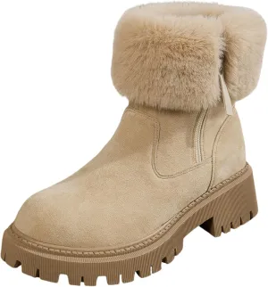 Mid Calf Boots for Women Ankle Boots for Women Flip Fur Round Toe Large Size Snow Boots Suede Low Heel Short Boots