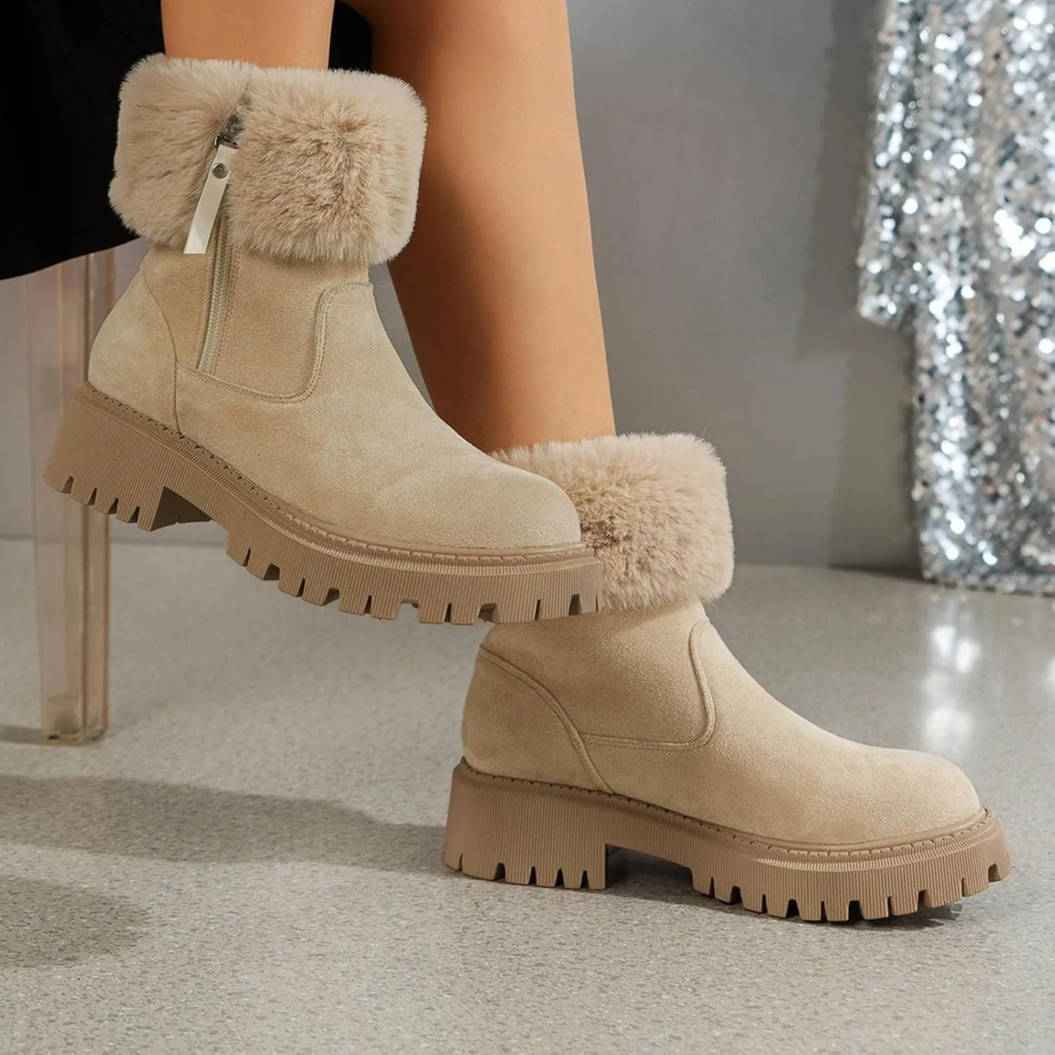 Mid Calf Boots for Women Ankle Boots for Women Flip Fur Round Toe Large Size Snow Boots Suede Low Heel Short Boots