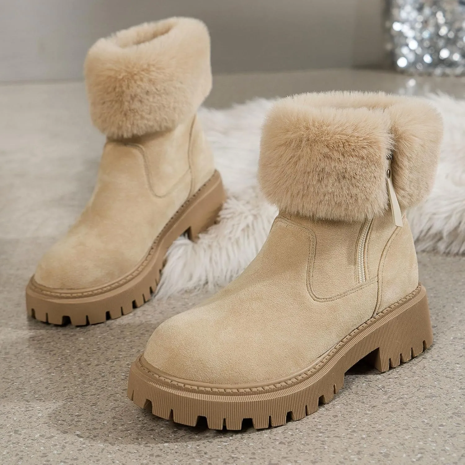 Mid Calf Boots for Women Ankle Boots for Women Flip Fur Round Toe Large Size Snow Boots Suede Low Heel Short Boots