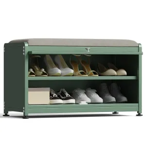 modern Shoe Storage Cabinet with 2 Tier Shoe Rack, Entryway Bench with Cushion, Metal, Black