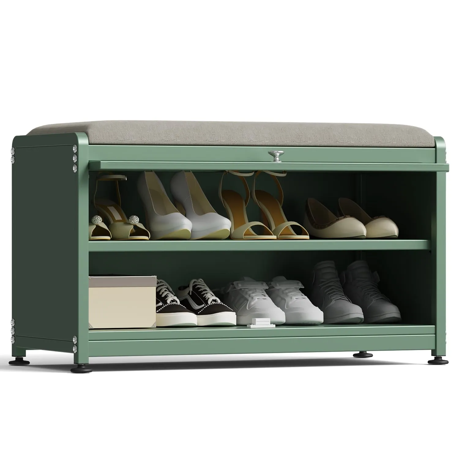 modern Shoe Storage Cabinet with 2 Tier Shoe Rack, Entryway Bench with Cushion, Metal, Black