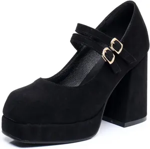 Myallfeet Women's Square Toe Thick Heels Mary Jane Shoes Fashionable Double Buckle Suede Formal High Heels Leather High-Heeled Dress Shoes
