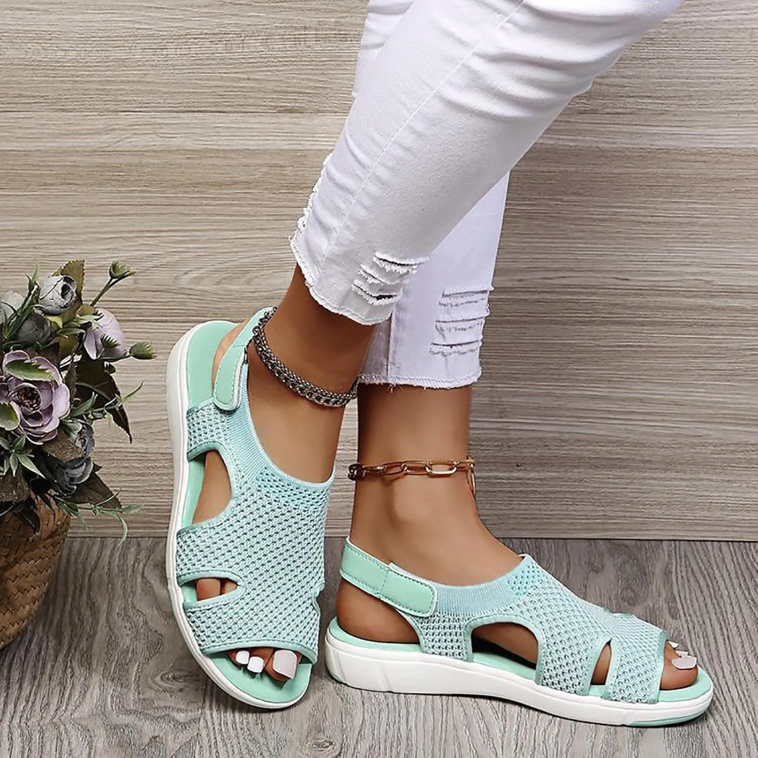 oiangi Summer Sandals for Women Platform Fashion Breathable Mesh Walking Shoes Solid Color Casual Comfortable Elastic Knit Slingback Ladies Shoes
