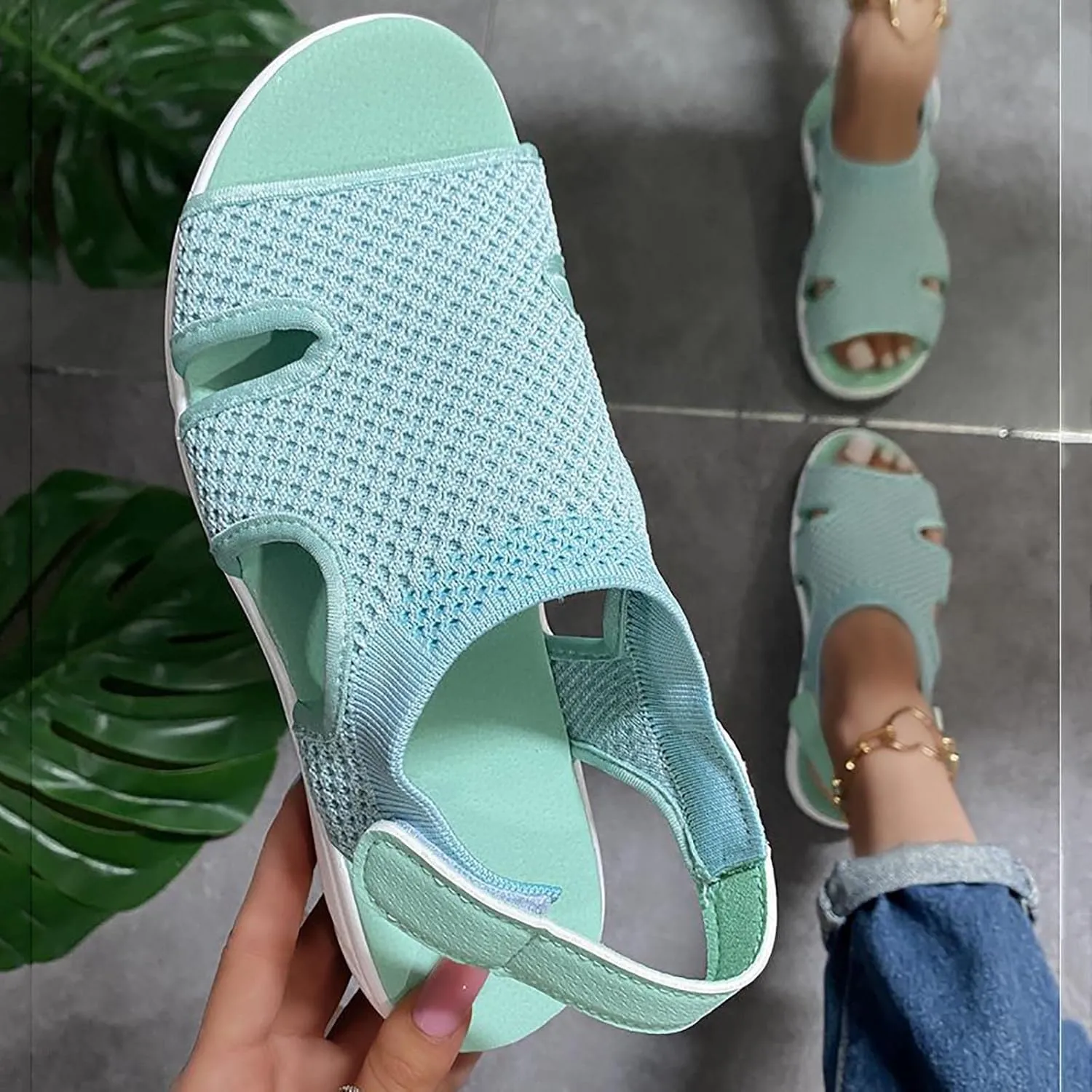 oiangi Summer Sandals for Women Platform Fashion Breathable Mesh Walking Shoes Solid Color Casual Comfortable Elastic Knit Slingback Ladies Shoes