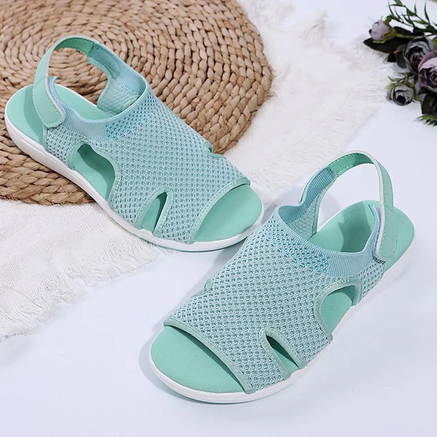 oiangi Summer Sandals for Women Platform Fashion Breathable Mesh Walking Shoes Solid Color Casual Comfortable Elastic Knit Slingback Ladies Shoes