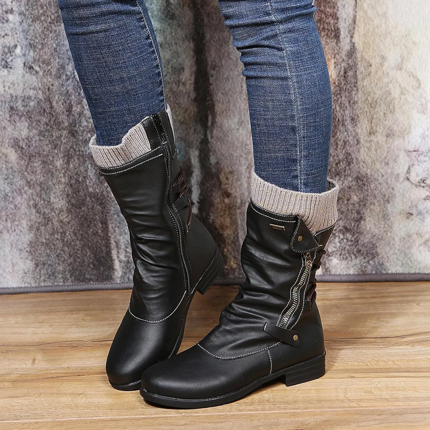 oiangi Womens Boots Fashion Mid Calf Side Zipper Back Lace Up Round Toe Square Heel High Boots Vintage Winter Elastic Comfortable Casual Low Heel Shoes