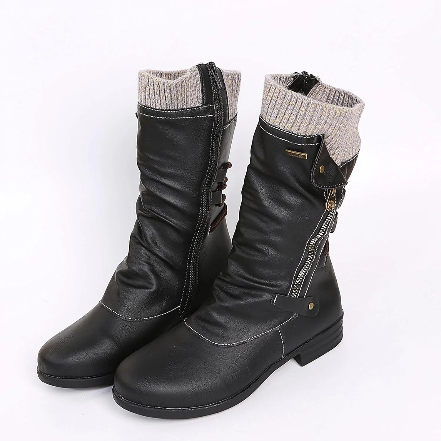 oiangi Womens Boots Fashion Mid Calf Side Zipper Back Lace Up Round Toe Square Heel High Boots Vintage Winter Elastic Comfortable Casual Low Heel Shoes