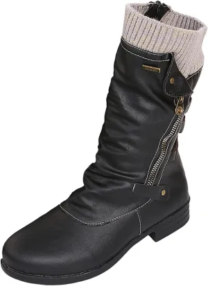 oiangi Womens Boots Fashion Mid Calf Side Zipper Back Lace Up Round Toe Square Heel High Boots Vintage Winter Elastic Comfortable Casual Low Heel Shoes