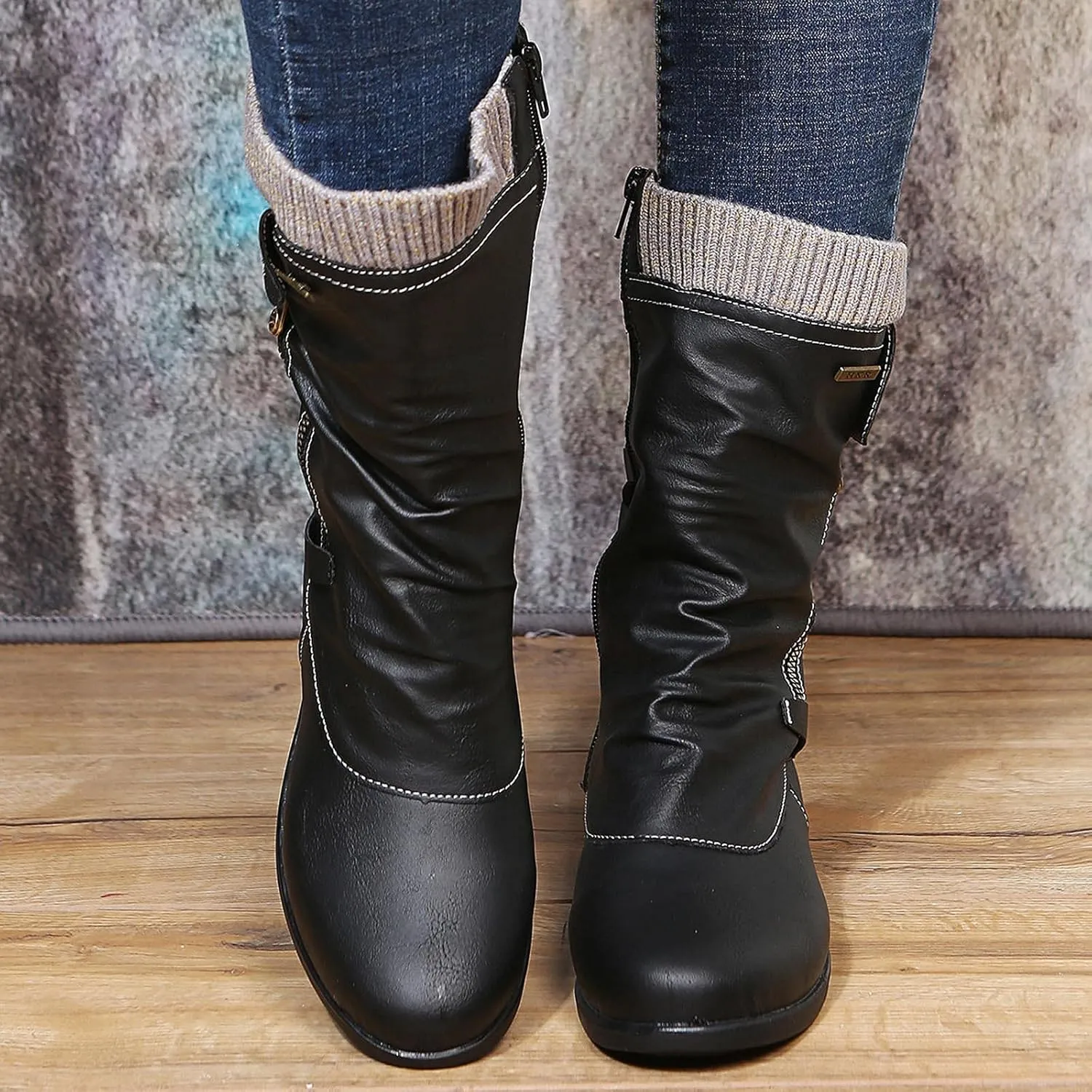 oiangi Womens Boots Fashion Mid Calf Side Zipper Back Lace Up Round Toe Square Heel High Boots Vintage Winter Elastic Comfortable Casual Low Heel Shoes